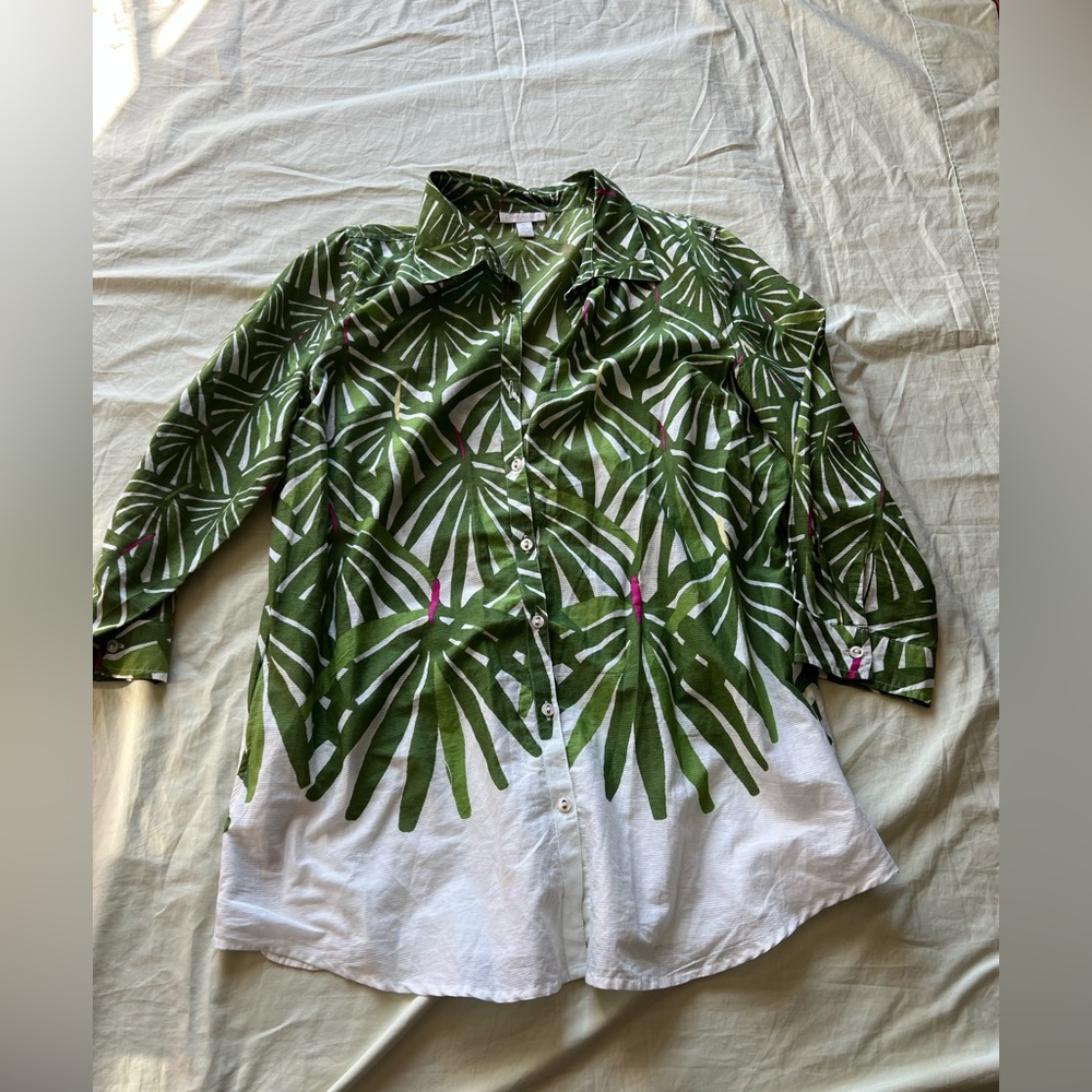Charter Club Size XL Blouse Length 29” Cotton Side Pockets Button 3/4 Sl…